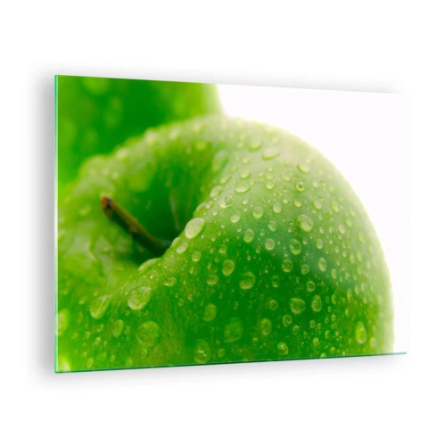 Tablou pe sticlă - Un măr verde acoperit cu picături de apă - 70x50cm - Prospețime verde rece - Decorațiune modernă pentru perete pentru living și dormitor ARTTOR