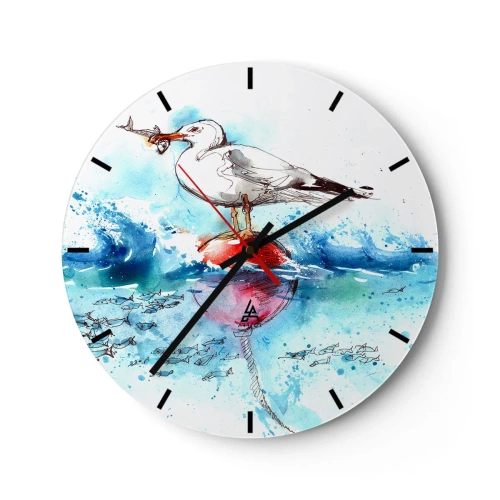 Ceas de perete - Ceas pe sticlă - Un pescăruș cu un pește pe o geamandură printre valuri, reprezentat în stil acuarelă - 30x30cm - Pescuit de succes - Decorațiune modernă pentru perete pentru living, bucătărie și dormitor ARTTOR