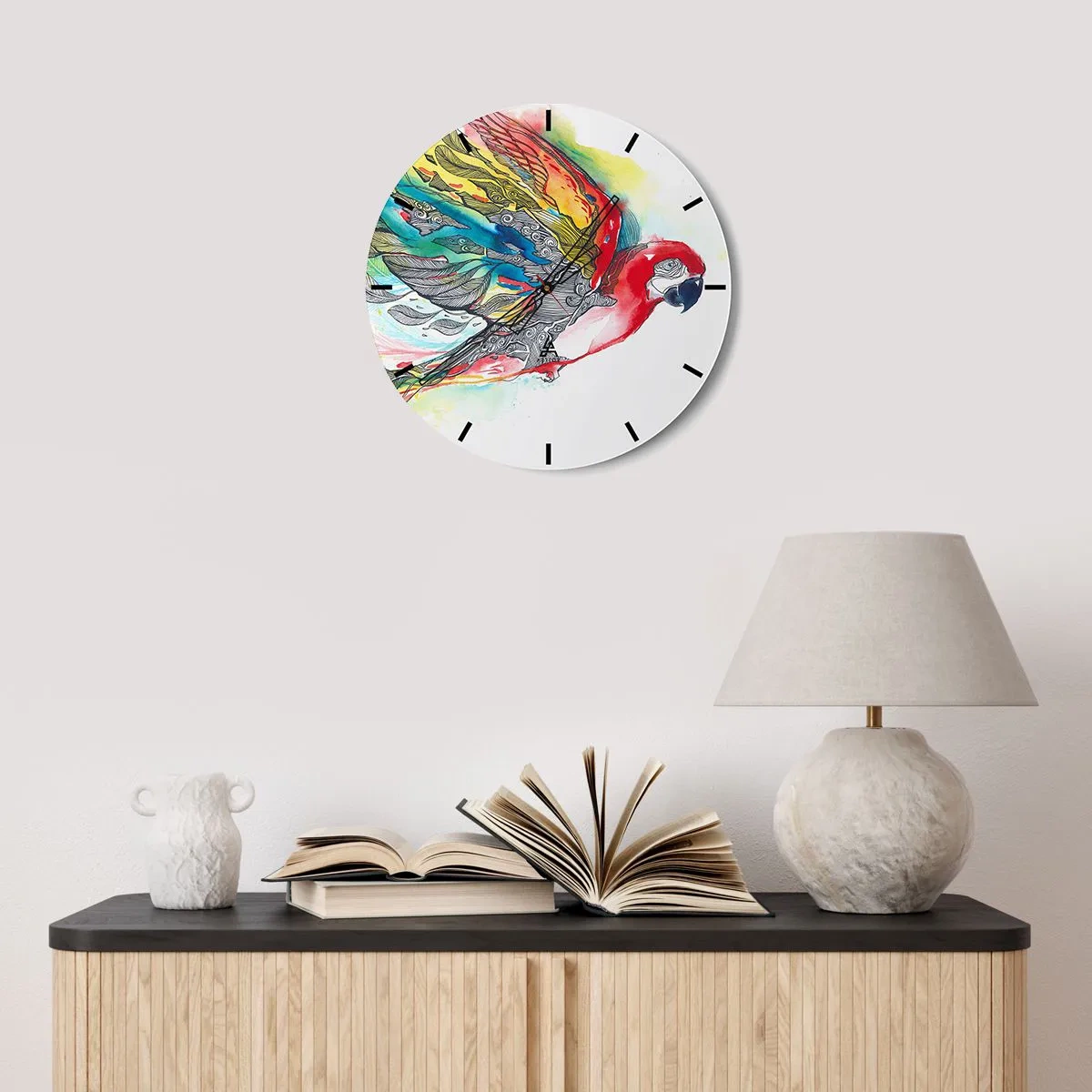 Ceas de perete - Ceas pe sticlă - Un papagal în culori intense cu modele decorative pe aripi - 30x30cm - Trăiește în culori - Decorațiune modernă pentru perete pentru living, bucătărie și dormitor ARTTOR