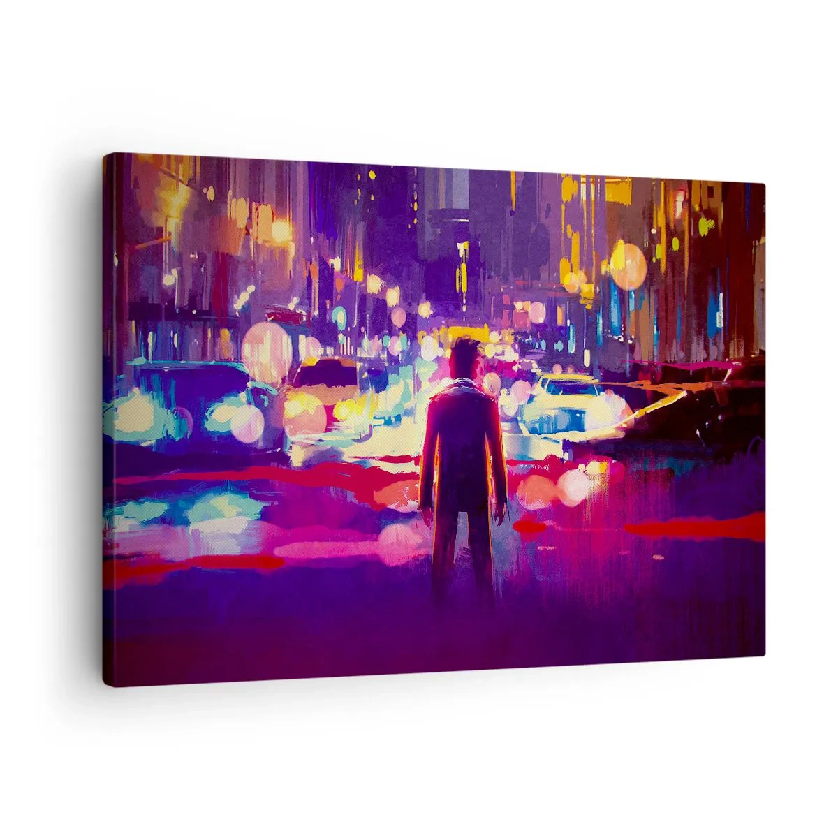 Tablou pe pânză Canvas - Un bărbat într-o scenă nocturnă neon a orașului - 70x50cm - Scufundat în lumină - Decorațiune modernă pentru perete pentru living și dormitor ARTTOR
