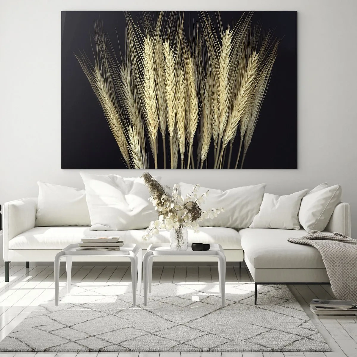 Tablou pe sticlă - Cereale în tonuri calde pe fundal negru - 70x50cm - Magie rustică - Decorațiune modernă pentru perete pentru living și dormitor ARTTOR