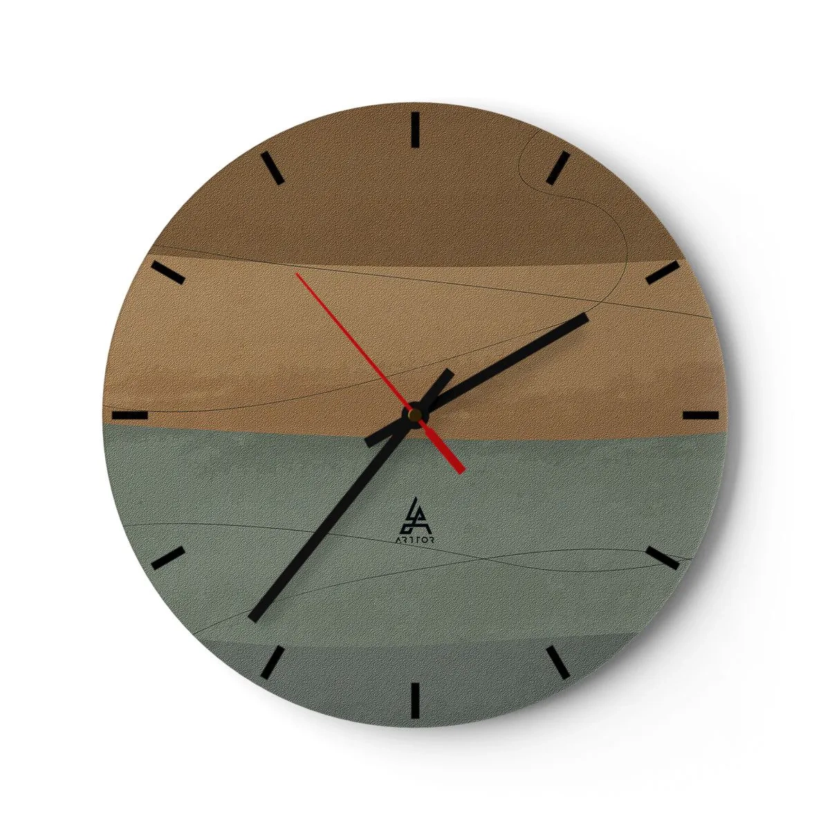 Ceas de perete - Ceas pe sticlă - Dungi minimaliste în nuanțe de maro și verde - 30x30cm - Compoziție orizontală - Decorațiune modernă pentru perete pentru living, bucătărie și dormitor ARTTOR