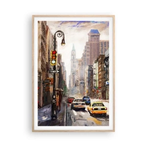 Poster în ramă de stejar deschis - New York - plin de culoare și în ploaie - 70x100 cm