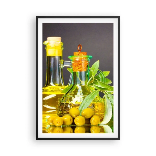 Poster în ramă neagră - Natură moarte cu măsline și ulei - 61x91 cm