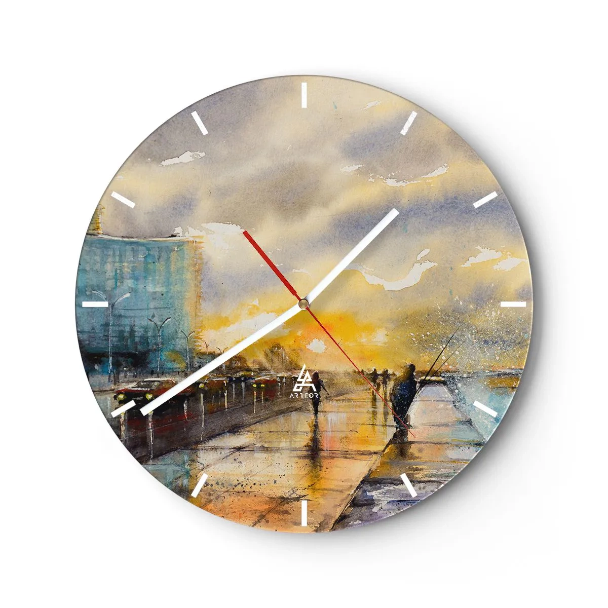 Ceas de perete - Ceas pe sticlă - O plimbare de-a lungul promenadei de pe malul mării la amurg - 30x30cm - Viața pe țărm - Decorațiune modernă pentru perete pentru living, bucătărie și dormitor ARTTOR