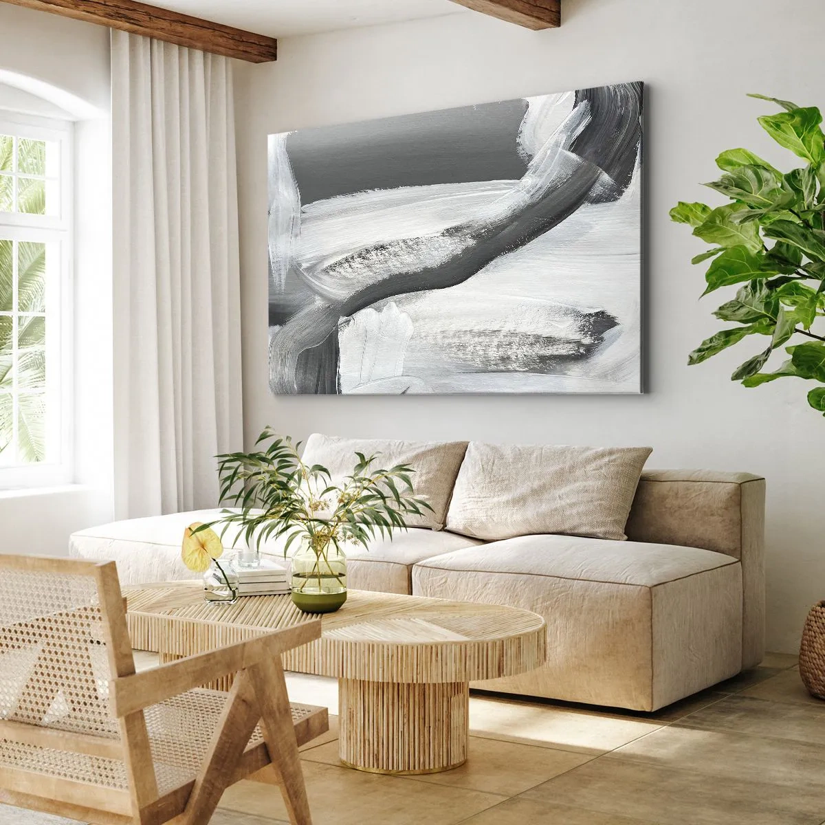 Tablou pe pânză Canvas - Abstracție gri și albă cu linii dinamice - 70x50cm - Cu o mișcare decisivă - Decorațiune modernă pentru perete pentru living și dormitor ARTTOR