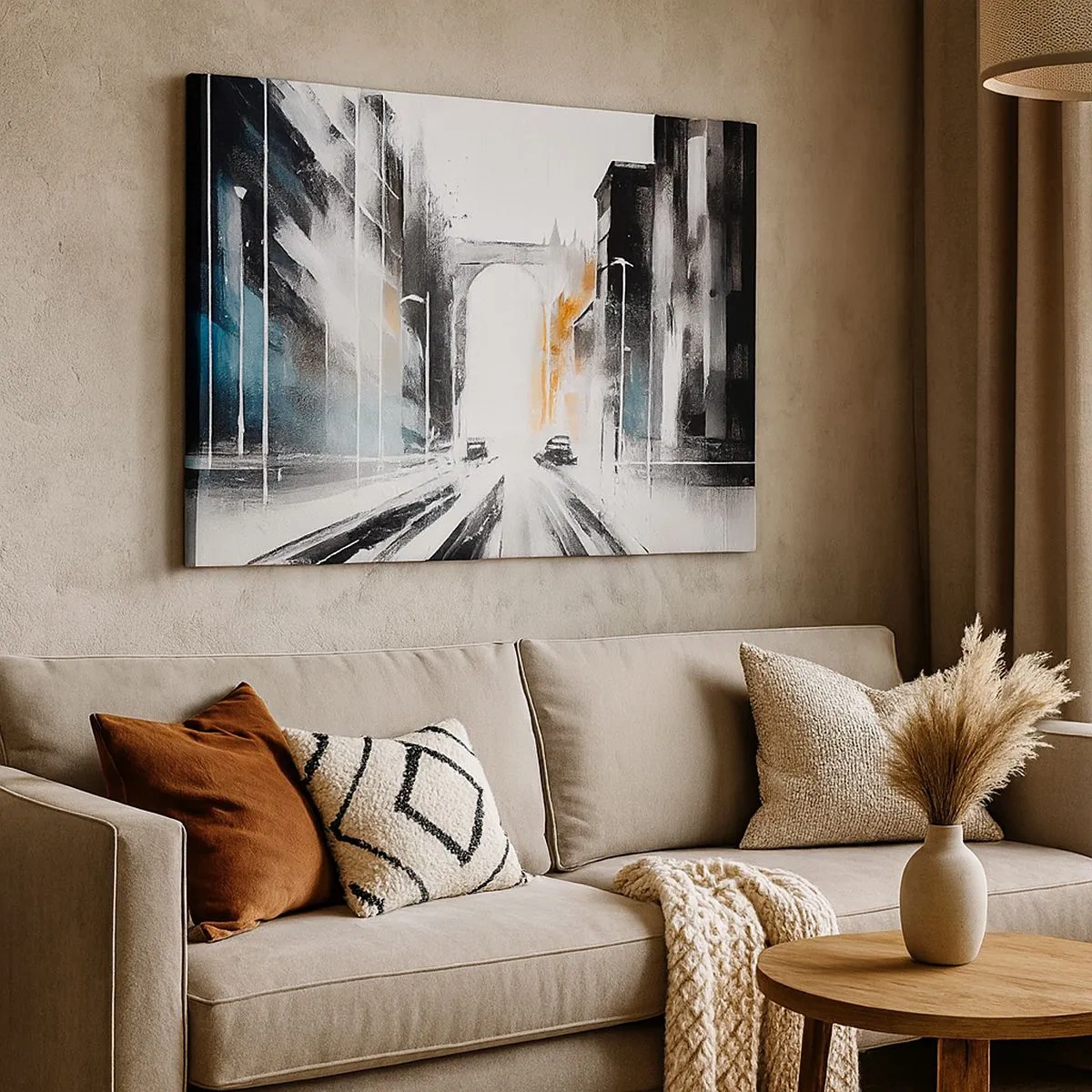 Tablou pe pânză Canvas - Panoramă abstractă a orașului cu un pod arcuit - 70x50cm - Studiu de oraș: arhitectură și mișcare - Decorațiune modernă pentru perete pentru living și dormitor ARTTOR