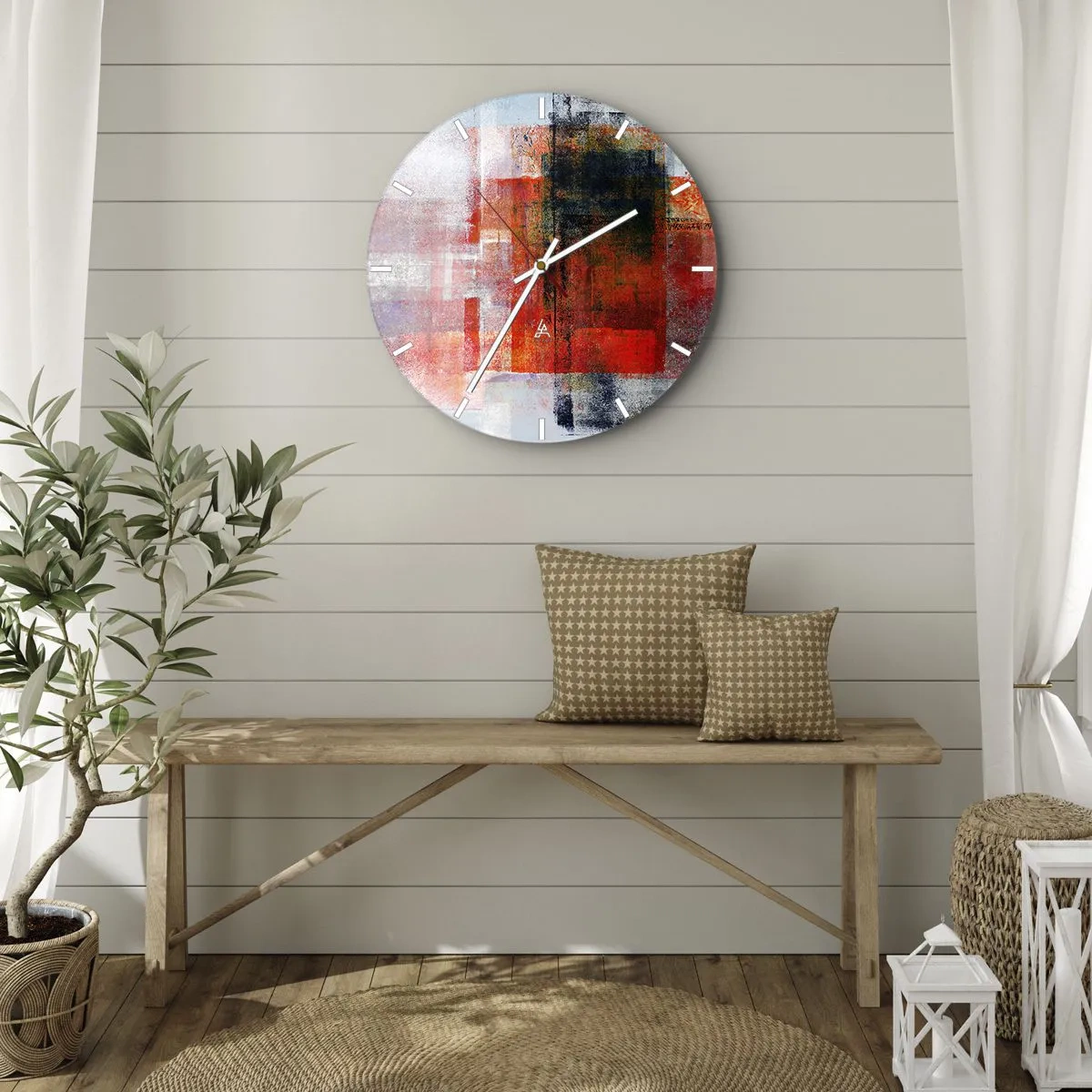 Ceas de perete - Ceas pe sticlă - Forme geometrice abstracte în nuanțe de roșu - 30x30cm - Compoziție înfocată - Decorațiune modernă pentru perete pentru living, bucătărie și dormitor ARTTOR