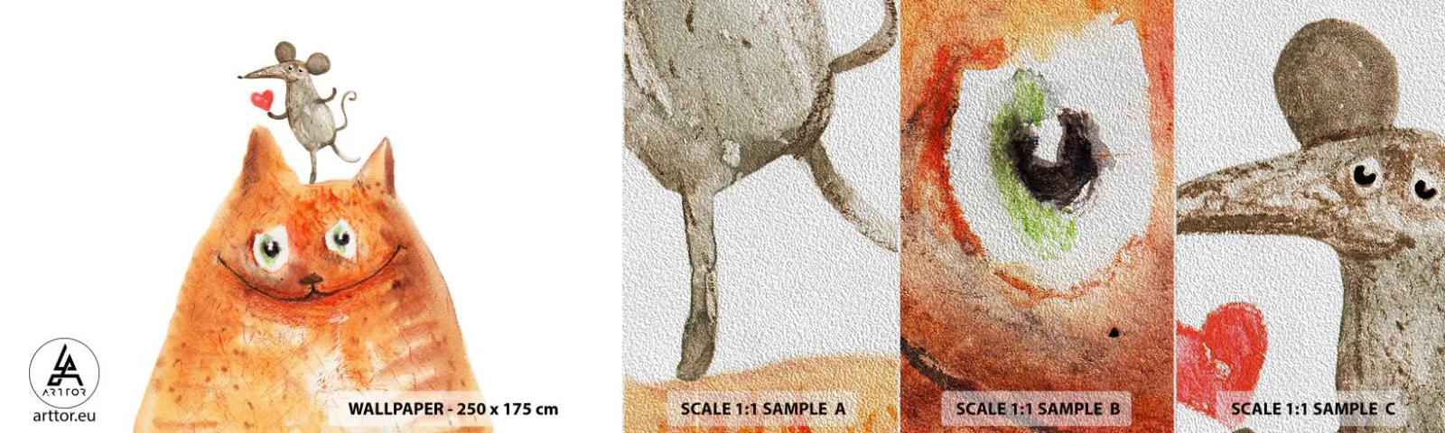 Mostră tapet Premium Sand - Paradoxurile iubirii - Pentru copii, Mouse, Pisică - 100x30 cm