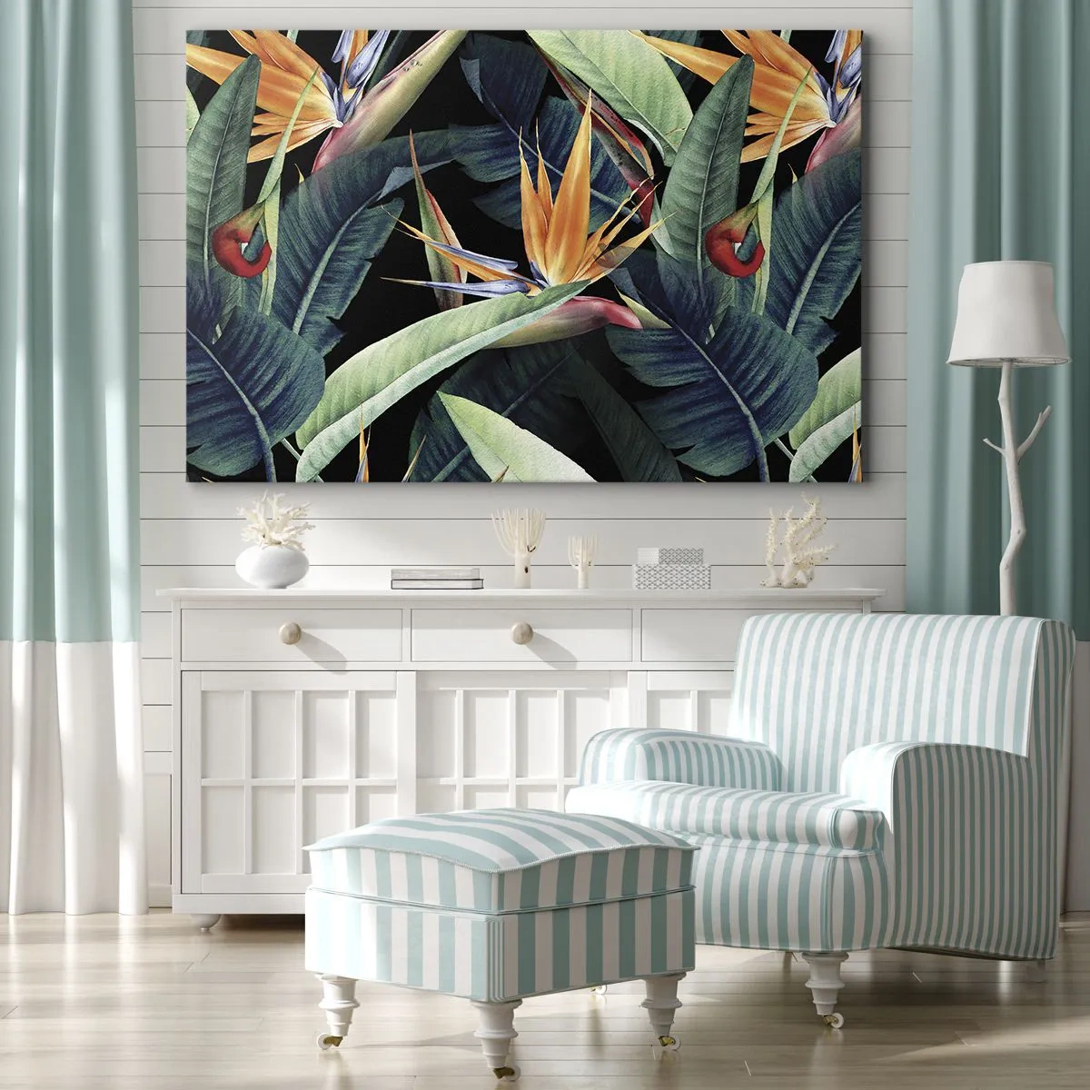 Tablou pe pânză Canvas - Flori și frunze tropicale pe fundal negru - 70x50cm - Florile de flacără ale tropicelor - Decorațiune modernă pentru perete pentru living și dormitor ARTTOR