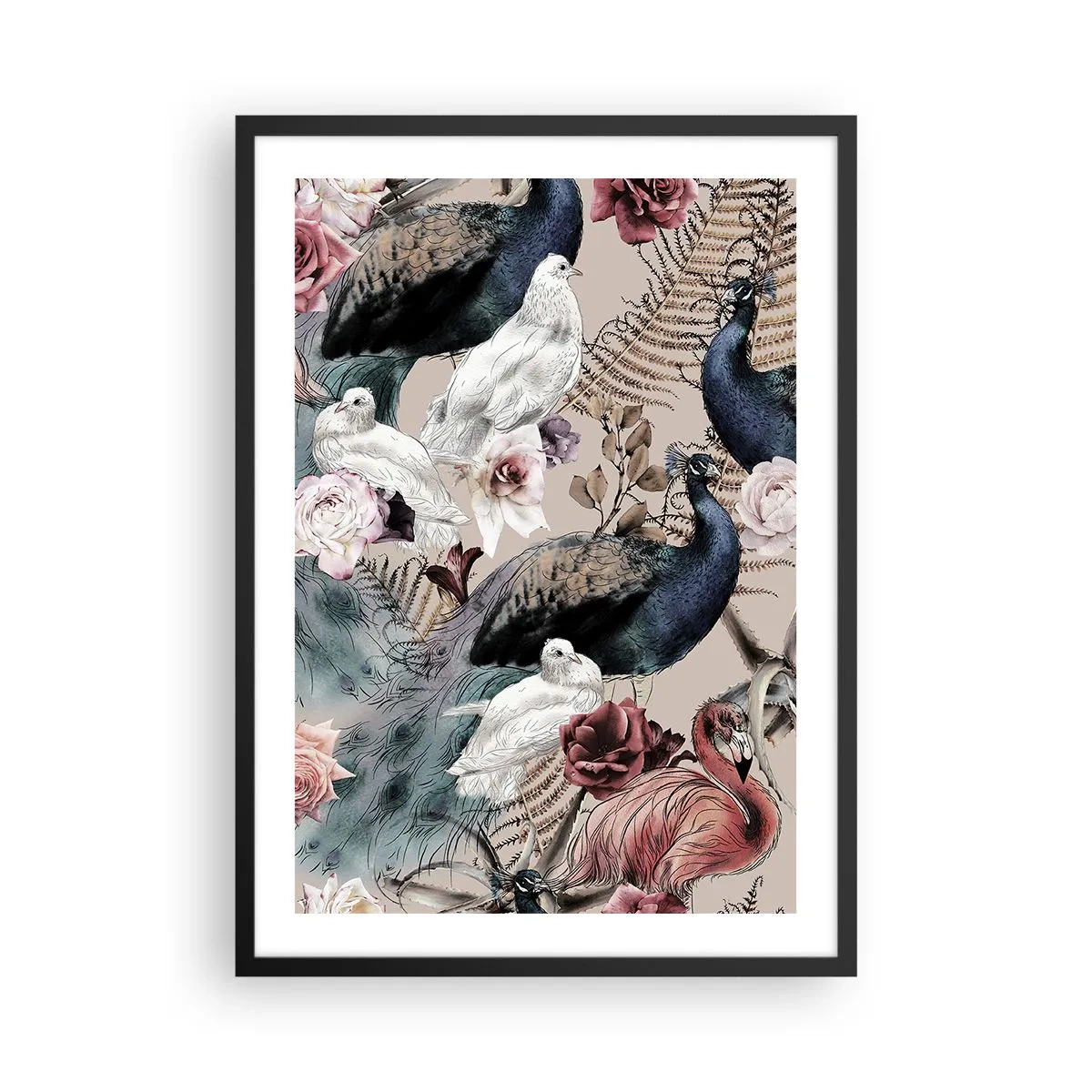Poster în ramă neagră - Păsări și flori colorate pe un fundal bej - 50x70cm - În grădina palatului - Decorațiune modernă pentru perete pentru living și dormitor ARTTOR