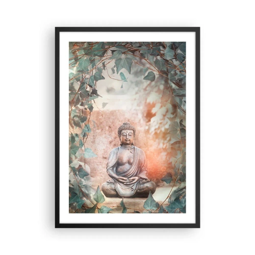 Poster în ramă neagră - O statuie a lui Buddha înconjurată de iederă într-o aură meditativă - 50x70cm - Armonie veselă - Decorațiune modernă pentru perete pentru living și dormitor ARTTOR