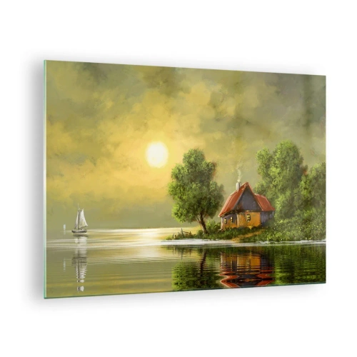 Tablou pe sticlă - Un peisaj pitoresc cu o căsuță lângă lac la apus - 70x50cm - Frumos, ca dintr-o imagine - Decorațiune modernă pentru perete pentru living și dormitor ARTTOR