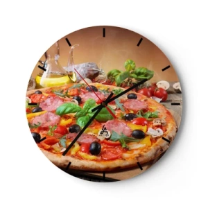 Ceas de perete - Ceas pe sticlă - Pizza apetisantă cu toppinguri pe o masă de lemn - 30x30cm - Cu o adevărată aromă italiană - Decorațiune modernă pentru perete pentru living, bucătărie și dormitor ARTTOR
