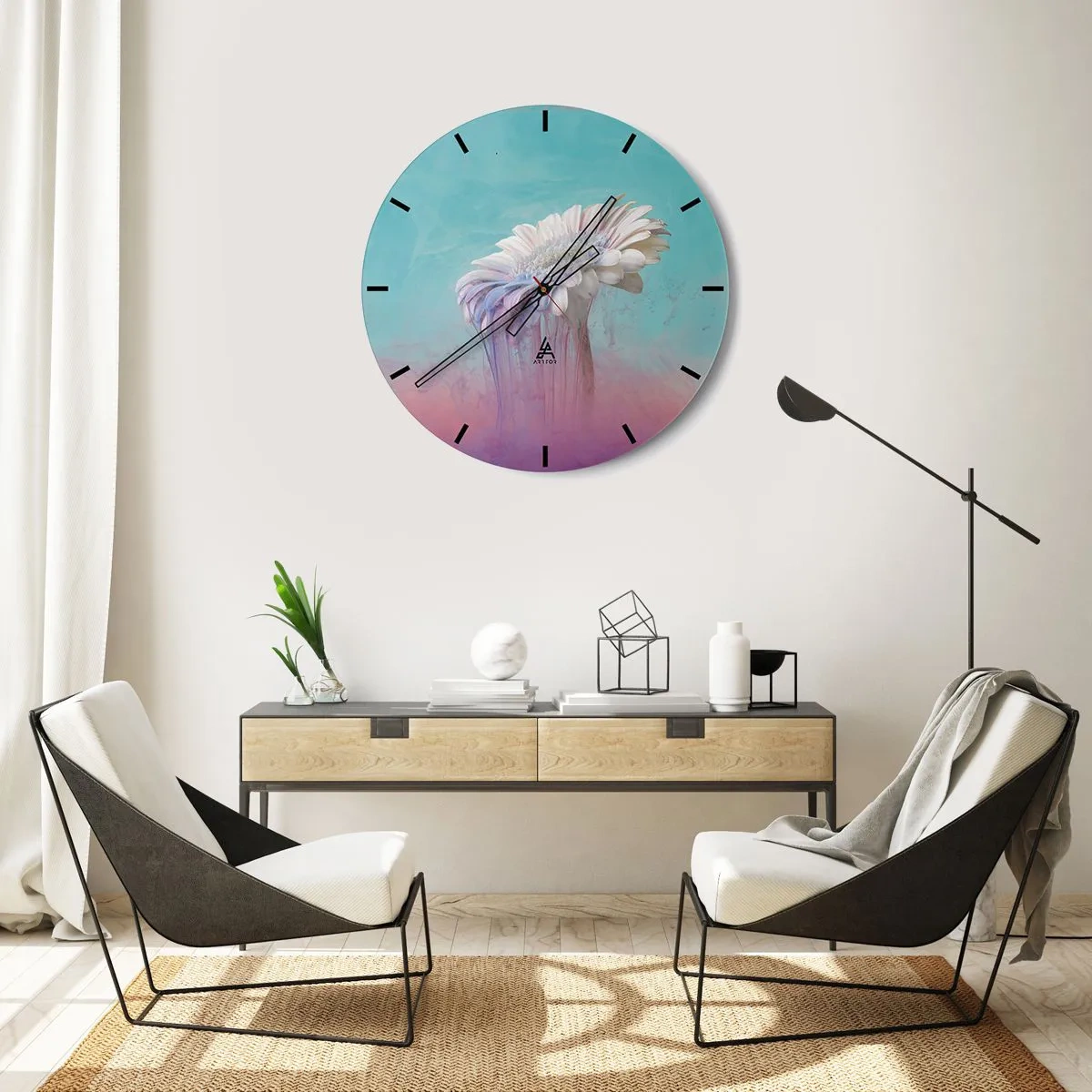 Ceas de perete - Ceas pe sticlă - O floare pe un fundal pastel, cu culori curgătoare - 30x30cm - Viața de după flori - Decorațiune modernă pentru perete pentru living, bucătărie și dormitor ARTTOR