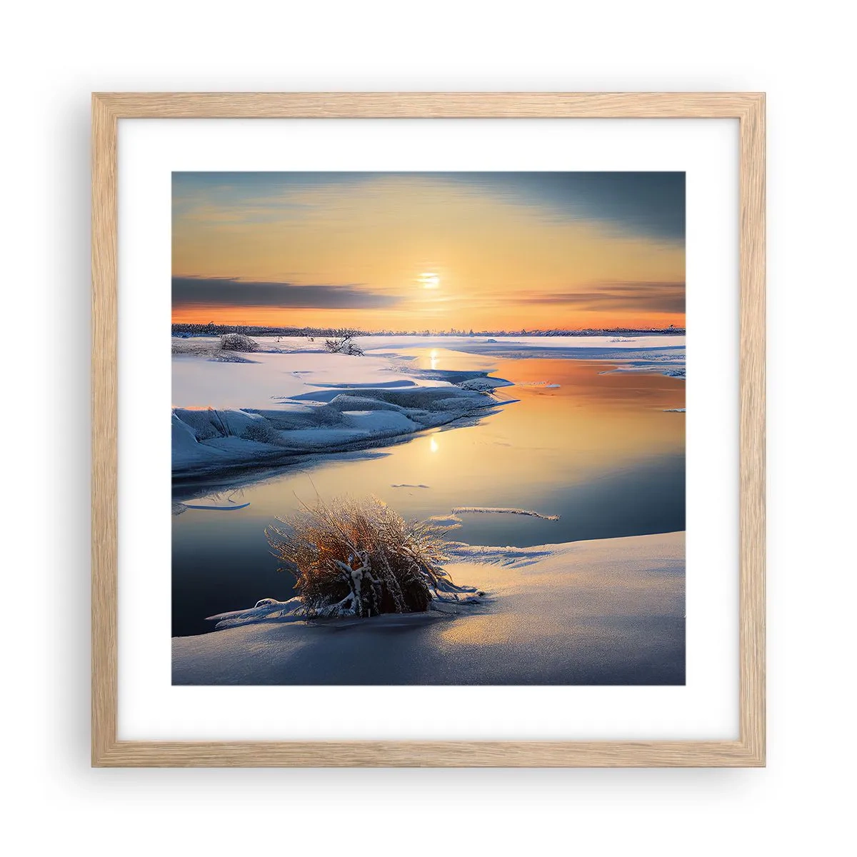 Poster în ramă de stejar deschis - Apus de soare pe timp de iarnă - 40x40 cm