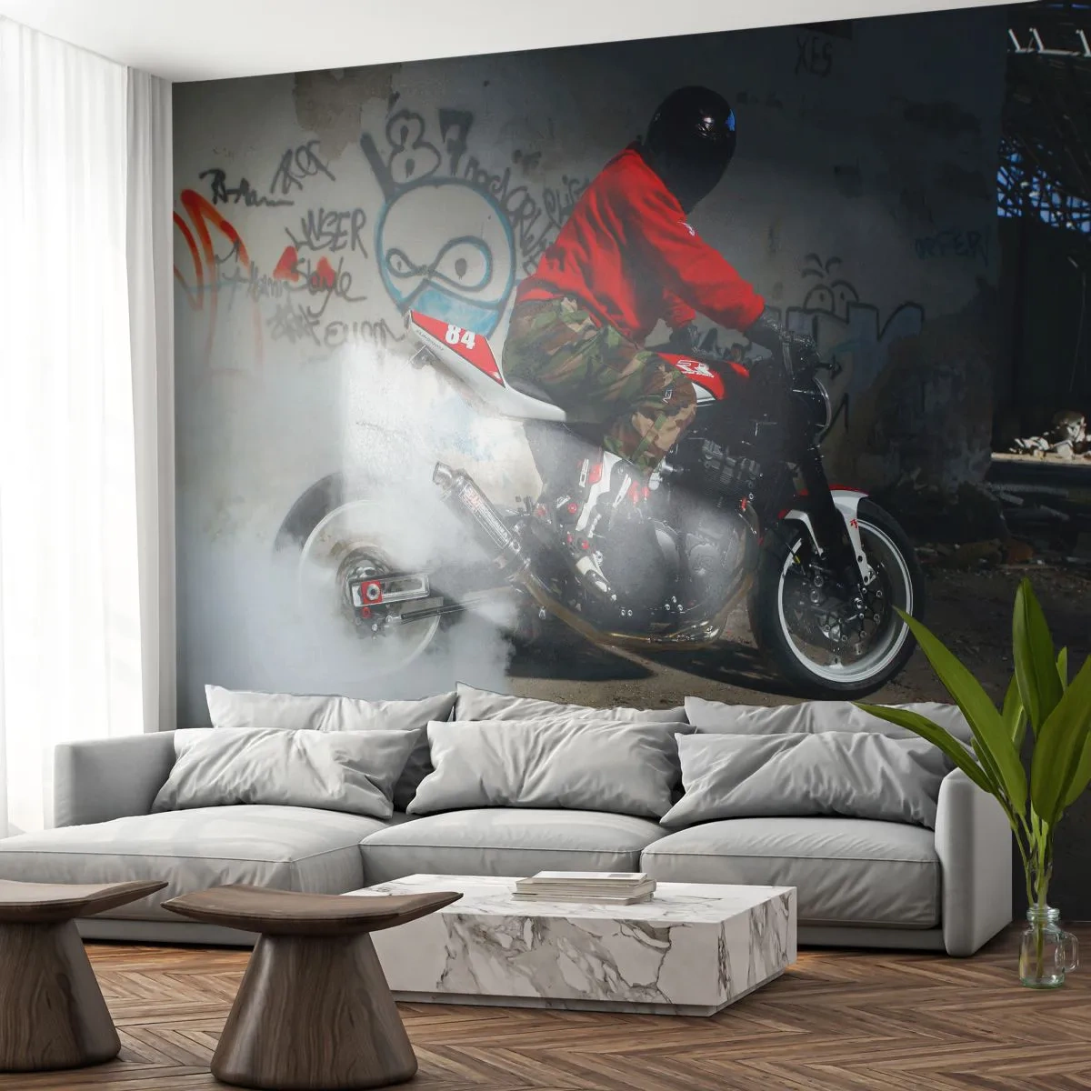 Tapet Standard Eco - Gonește după mine! - Automobile, Motocicletă, Graffiti - 350x256 cm