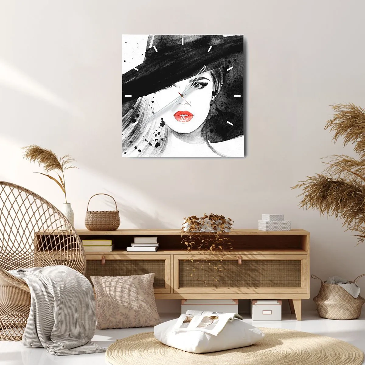 Ceas de perete - Ceas pe sticlă - Doamna în negru - 40x40 cm