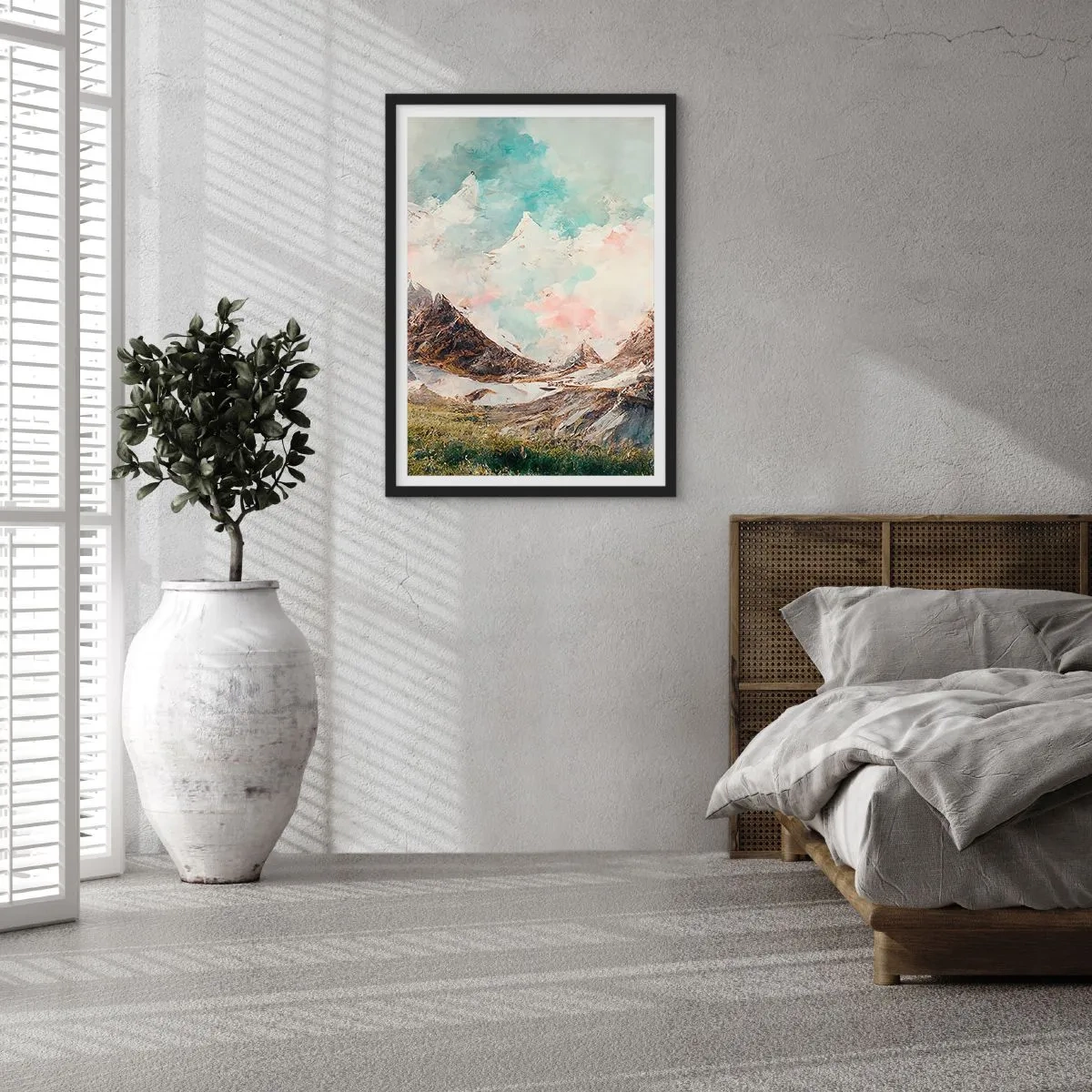 Poster în ramă neagră - Un peisaj montan pitoresc cu un cer pastelat - 50x70cm - Lame de piatră - Decorațiune modernă pentru perete pentru living și dormitor ARTTOR