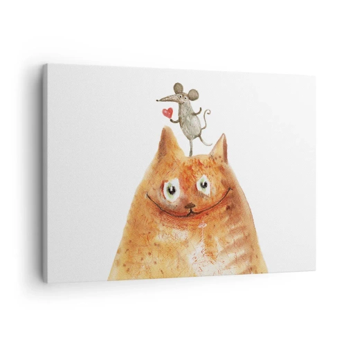 Tablou pe pânză Canvas - Un desen al unei pisici cu un șoarece pe cap care ține o inimă - 70x50cm - Paradoxurile iubirii - Decorațiune modernă pentru perete pentru living și dormitor ARTTOR