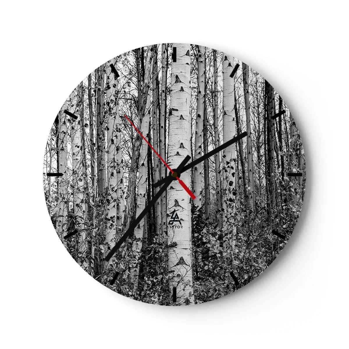 Ceas de perete - Ceas pe sticlă - Pădure de mesteacăn alb-negru în stil minimalist - 30x30cm - Coloane de mesteacăn - Decorațiune modernă pentru perete pentru living, bucătărie și dormitor ARTTOR