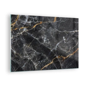 Tablou pe sticlă - Model de marmură neagră și aurie cu vene albe - 70x50cm - Viața interioară a unei pietre - Decorațiune modernă pentru perete pentru living și dormitor ARTTOR