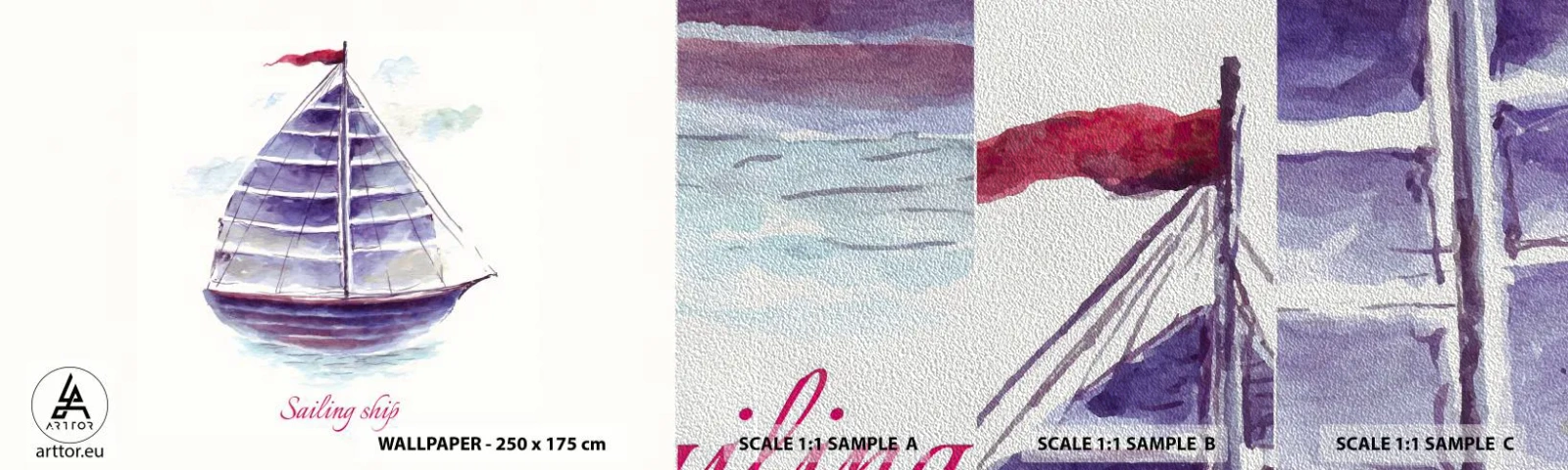 Mostră tapet Premium Sand - Pânze pline și apă calmă - Barcă cu pânze, Litoral, Mare - 100x30 cm