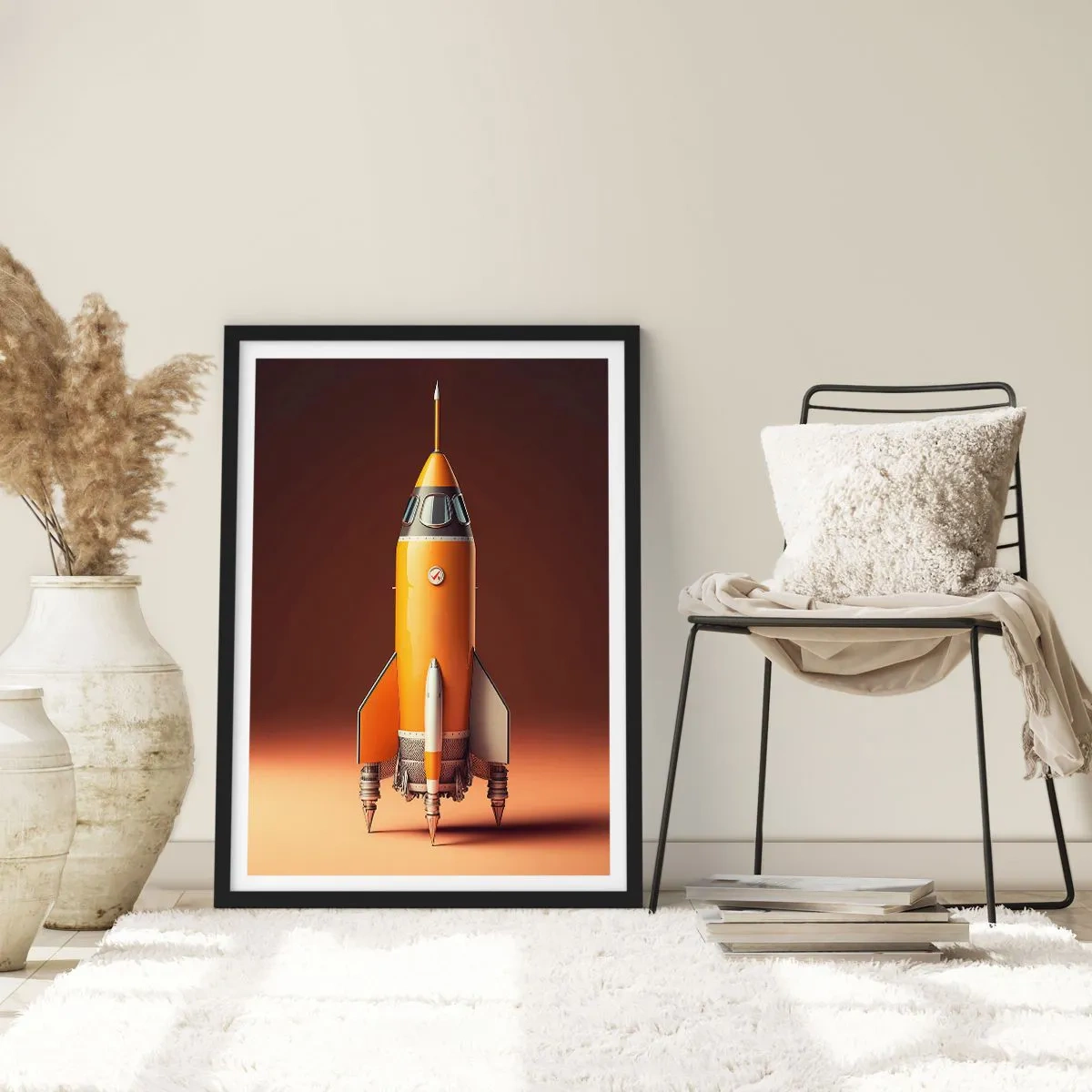 Poster în ramă neagră - O rachetă spațială modernă pe un fundal de culori calde. - 50x70cm - Totul începe cu un vis - Decorațiune modernă pentru perete pentru living și dormitor ARTTOR