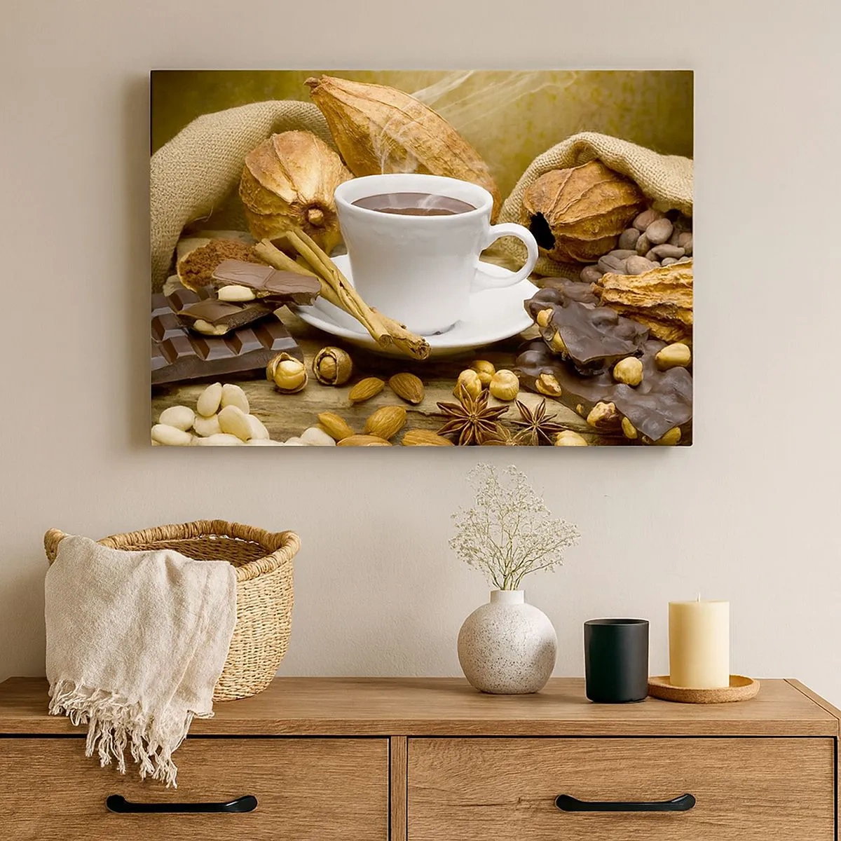 Tablou pe pânză Canvas - O ceașcă de ciocolată caldă înconjurată de cacao și scorțișoară - 70x50cm - Pentru amatorii de senzații tari - Decorațiune modernă pentru perete pentru living și dormitor ARTTOR