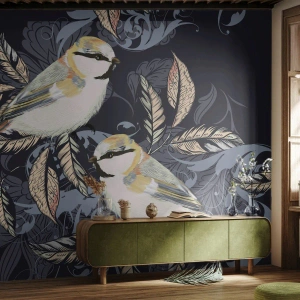 Tapet Standard Eco - Ilustrație a păsărilor pe un fundal întunecat cu ornamente - 100x70cm - Ciripirile galben-albastru - Decorațiune modernă pentru perete pentru living și dormitor ARTTOR