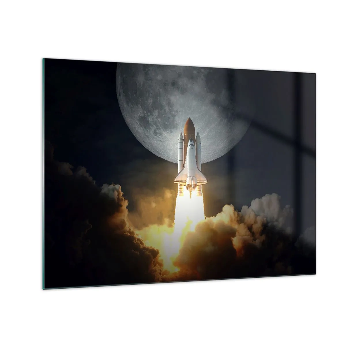 Tablou pe sticlă - Lansarea unei rachete spațiale pe fundalul lunii și al cerului nopții. - 70x50cm - Începutul unei aventuri nepământene - Decorațiune modernă pentru perete pentru living și dormitor ARTTOR