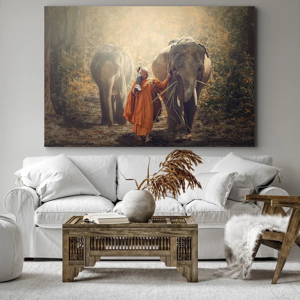 Tablou pe pânză Canvas - Un călugăr într-o robă portocalie conduce un elefant în pădure. - 70x50cm - Înțelegere deplină - Decorațiune modernă pentru perete pentru living și dormitor ARTTOR