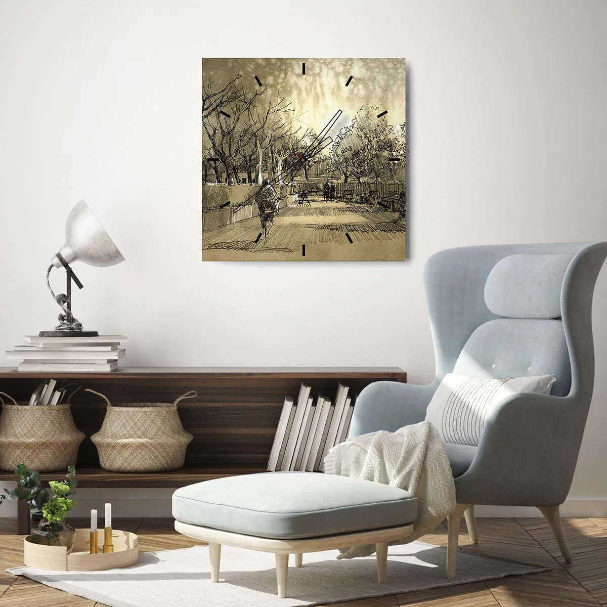 Ceas de perete - Ceas pe sticlă - Un moment reținut cu pene - 30x30 cm