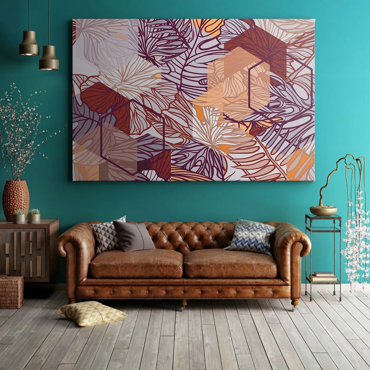 Tablou pe pânză Canvas - Un model decorativ cu frunze tropicale în nuanțe de violet, portocaliu și bej. - 70x50cm - Relația imposibilă dintre geometrie și natură - Decorațiune modernă pentru perete pentru living și dormitor ARTTOR