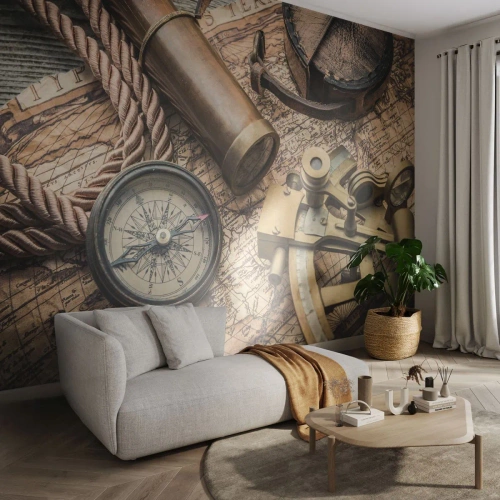 Tapet Premium Canvas - Stabilește cursul - Nautic, Harta lumii, Busolă - 250x175 cm