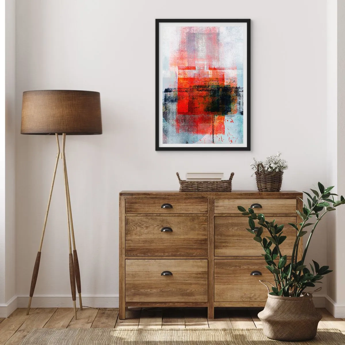 Poster în ramă neagră - Abstracție geometrică în nuanțe intense de roșu - 50x70cm - Compoziție înfocată - Decorațiune modernă pentru perete pentru living și dormitor ARTTOR