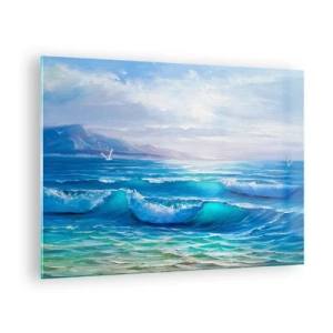 Tablou pe sticlă - Valuri albastre ale mării care izbesc țărmul într-o zi însorită - 70x50cm - Oferă alinare - Decorațiune modernă pentru perete pentru living și dormitor ARTTOR