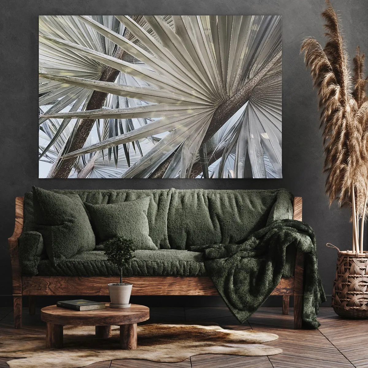 Tablou pe pânză Canvas - Prim-plan cu frunze de palmier în nuanțe naturale de verde - 70x50cm - Evantaie din tropice - Decorațiune modernă pentru perete pentru living și dormitor ARTTOR