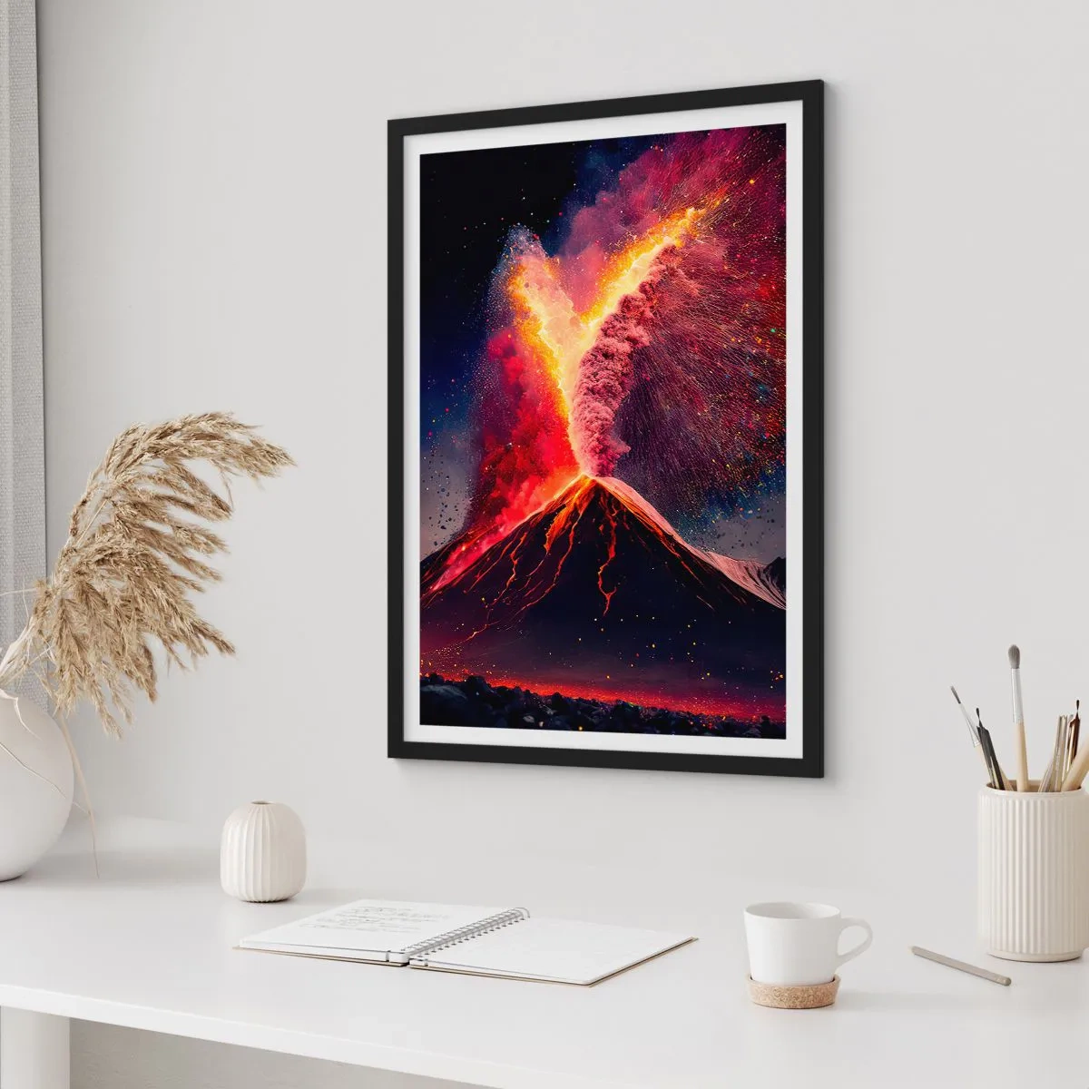 Poster în ramă neagră - Un vulcan în erupție într-un peisaj nocturn - 50x70cm - Frumusețe și groază - Decorațiune modernă pentru perete pentru living și dormitor ARTTOR