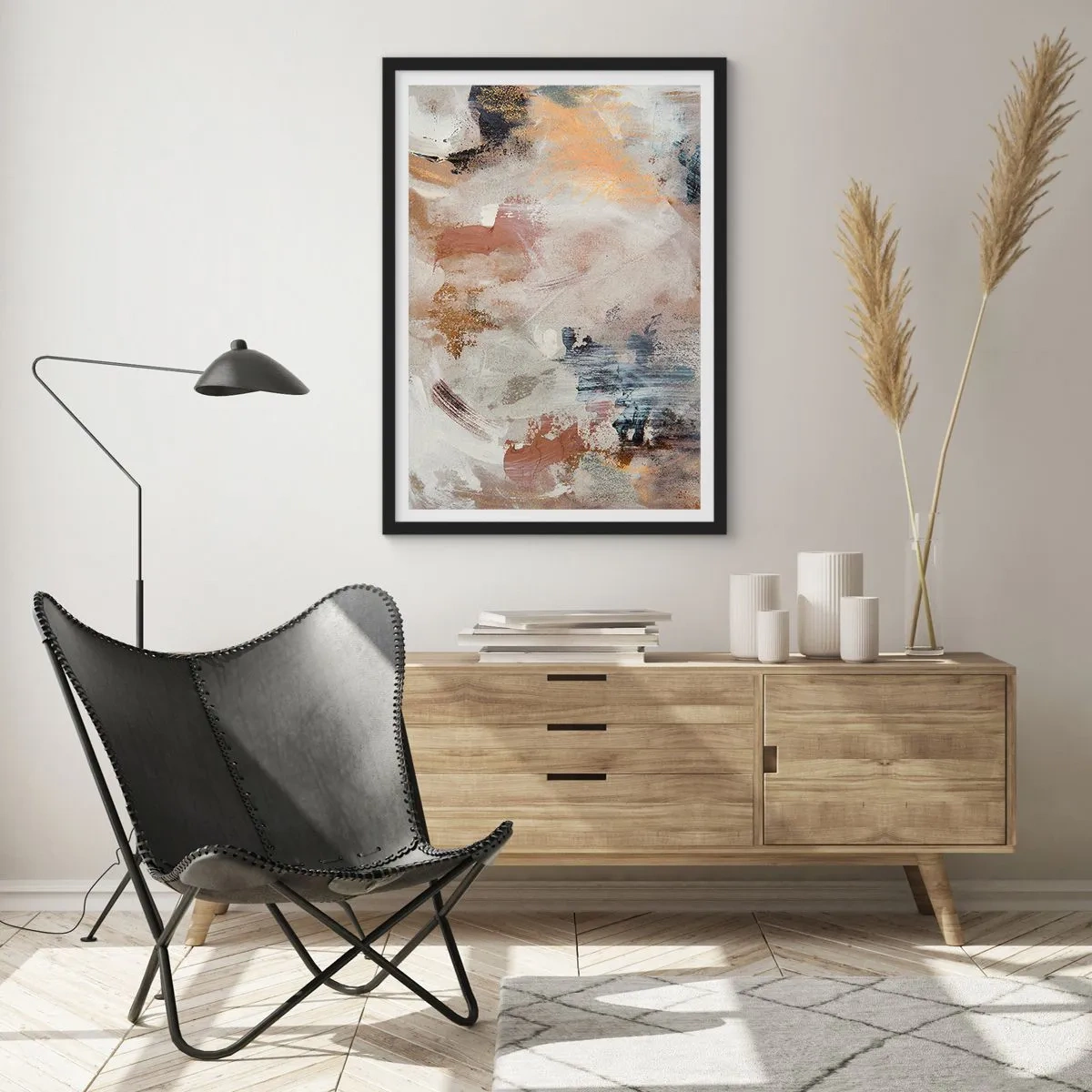 Poster în ramă neagră - O compoziție abstractă în culori calde, pământii. - 50x70cm - Abstracție cețoasă - Decorațiune modernă pentru perete pentru living și dormitor ARTTOR