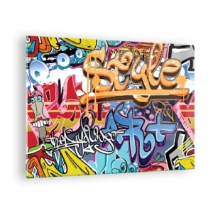 Tablou pe sticlă - Graffiti colorat cu inscripții și desene dinamice - 70x50cm - Picturi murale, picturi murale... - Decorațiune modernă pentru perete pentru living și dormitor ARTTOR