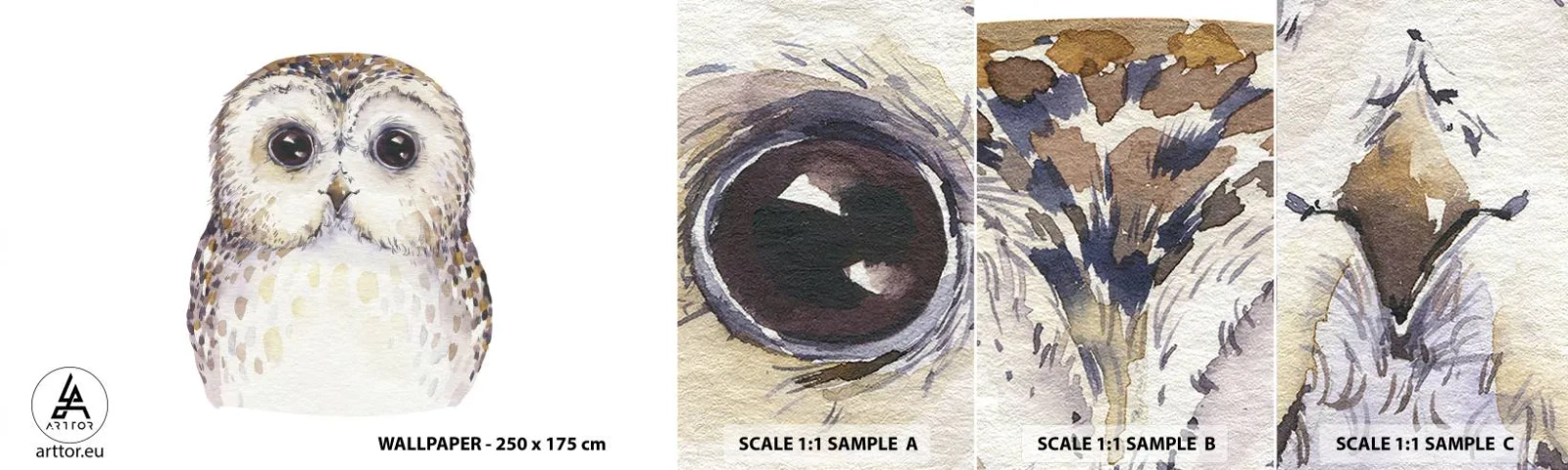 Mostră tapet autocolant Deluxe Sticker - Uită-te în ochii mei - Bufniţă, Pasăre, Grafică - 100x30 cm