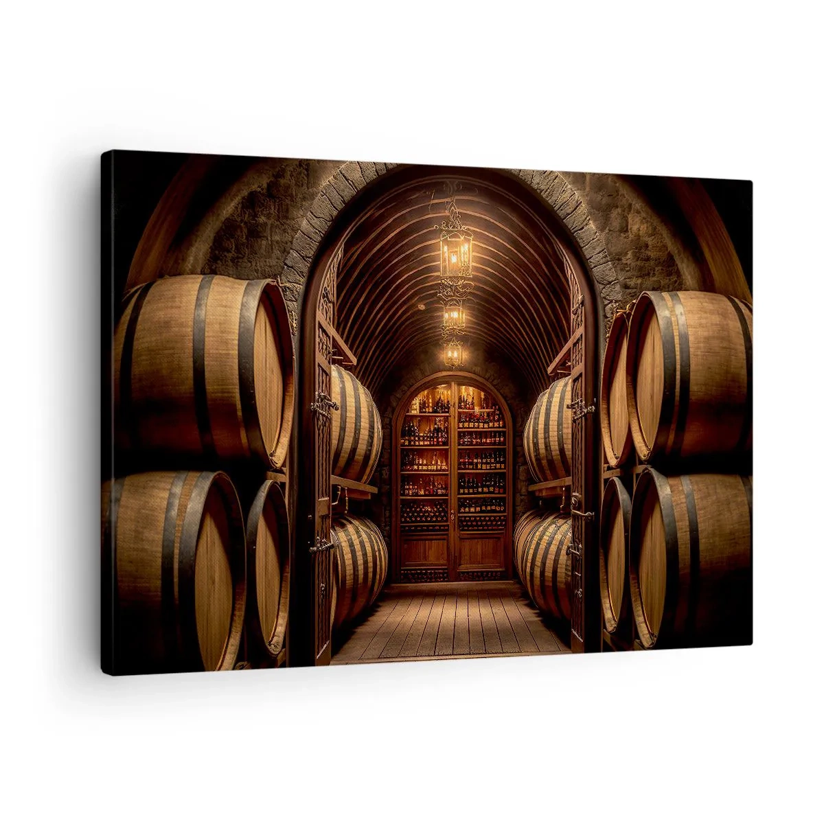 Tablou pe pânză Canvas - Cramă cu butoaie de lemn și rafturi cu vinuri - 70x50cm - Beciul cu atmosferă - Decorațiune modernă pentru perete pentru living și dormitor ARTTOR