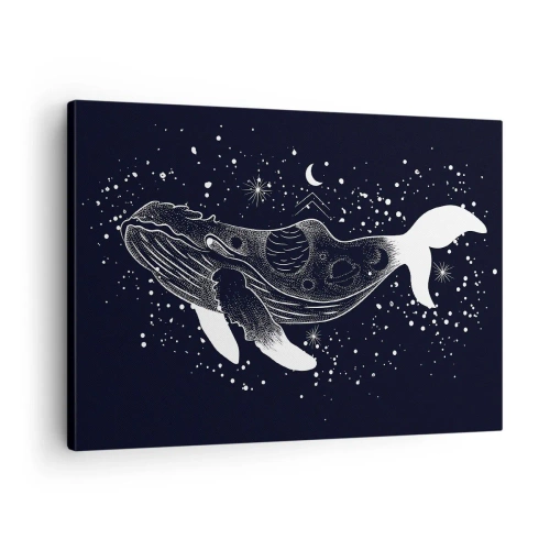 Tablou pe pânză Canvas - O ilustrație grafică a unei balene într-un stil de eră spațială. - 70x50cm - În oceanul universului - Decorațiune modernă pentru perete pentru living și dormitor ARTTOR