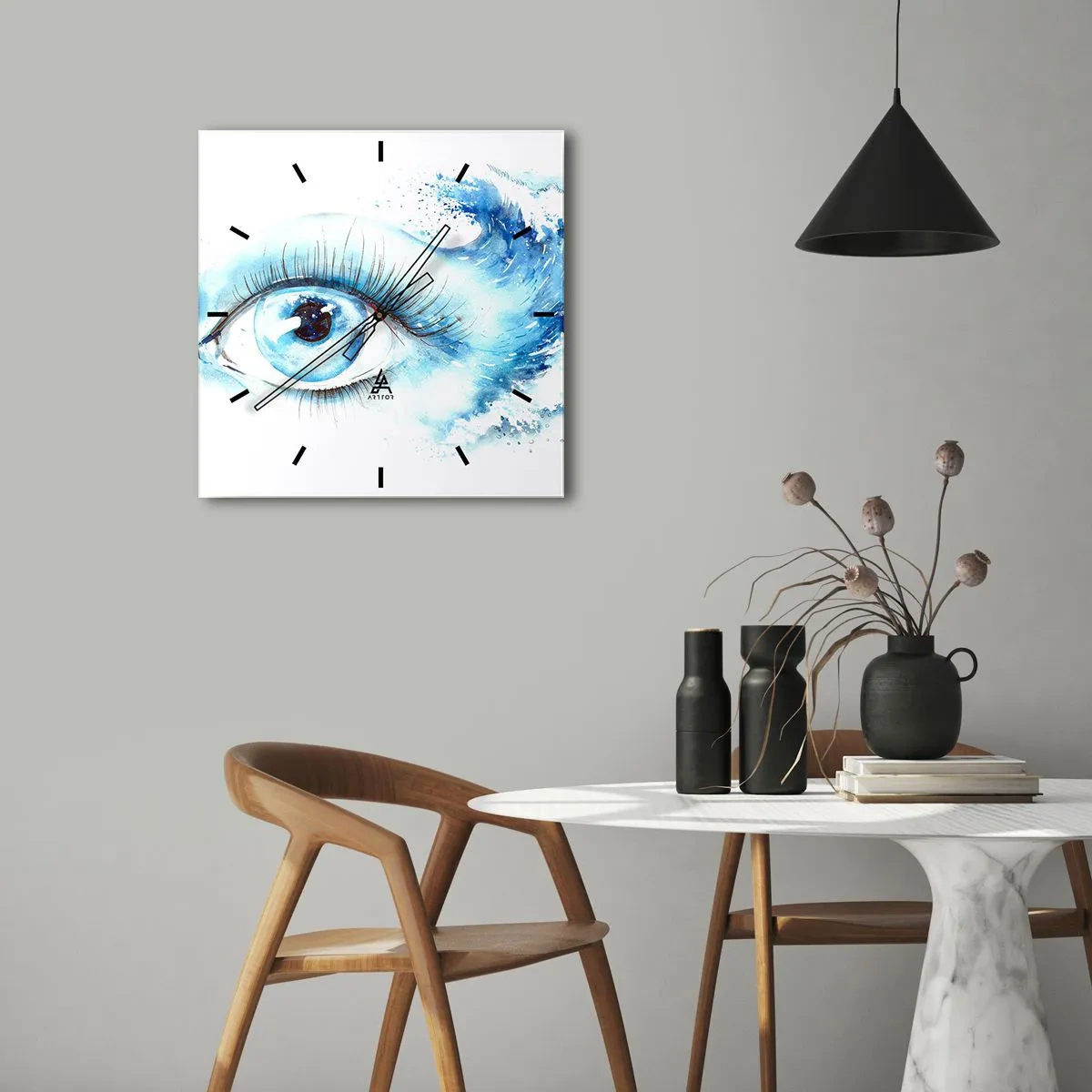 Ceas de perete - Ceas pe sticlă - Scufundă-te în albastrul privirii - 30x30 cm