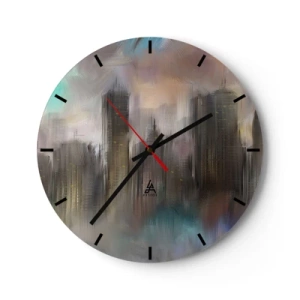 Ceas de perete - Ceas pe sticlă - O imagine abstractă a unui oraș cu zgârie-nori într-un cadru cețos. - 30x30cm - O compoziție de oțel, piatră și ceață - Decorațiune modernă pentru perete pentru living, bucătărie și dormitor ARTTOR