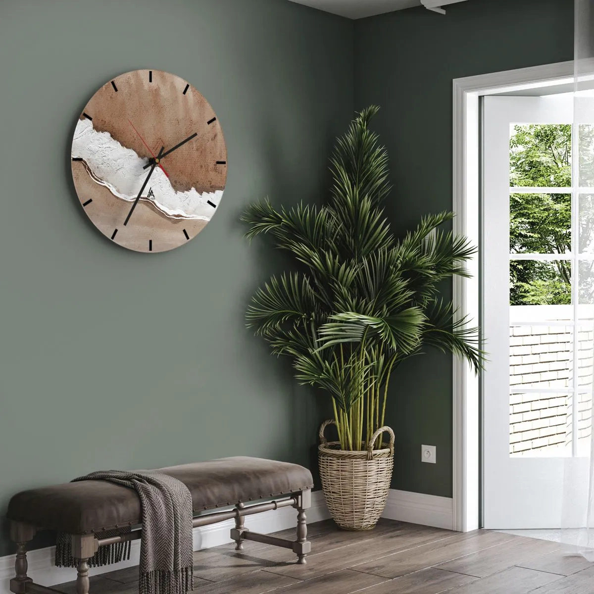 Ceas de perete - Ceas pe sticlă - Textură maro și albă inspirată de natură - 30x30cm - În culorile pământului - Decorațiune modernă pentru perete pentru living, bucătărie și dormitor ARTTOR