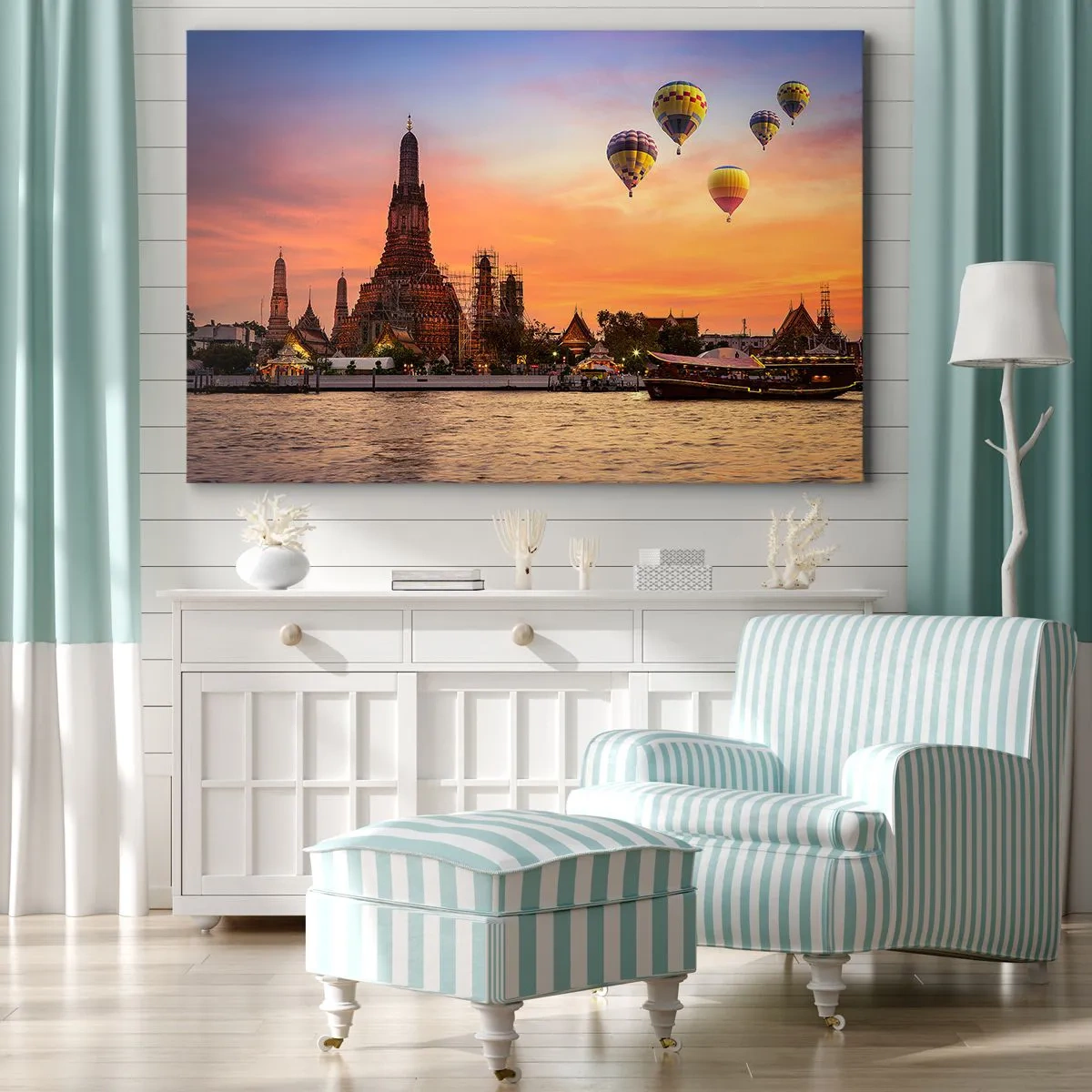 Tablou pe pânză Canvas - Un templu și baloane pe fundalul apusului de soare peste râu - 70x50cm - Aici se nasc basmele - Decorațiune modernă pentru perete pentru living și dormitor ARTTOR