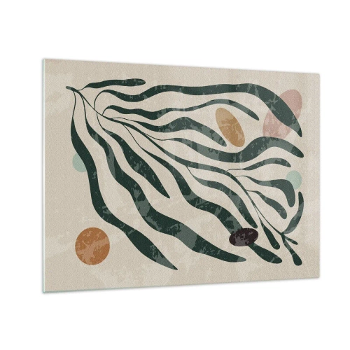 Tablou pe sticlă - Forme organice în verde pe un fundal bej - 70x50cm - În mijlocul vegetației - Decorațiune modernă pentru perete pentru living și dormitor ARTTOR