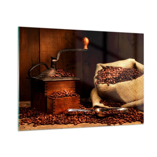 Tablou pe sticlă - Natură moartă cu boabe de cafea și măcinător - 100x70 cm